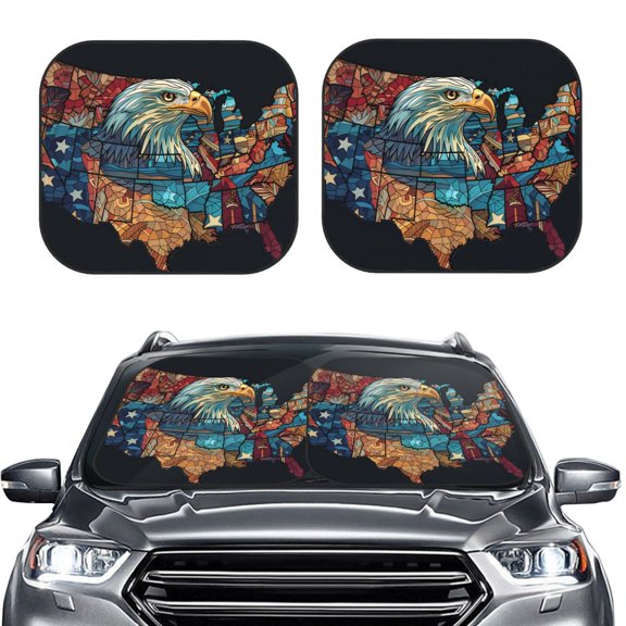 Picia Stained Glass Eagle USA 2 Piece Car Windshield Sun Shade Foldable | Foldable Sun Shield for Front Window Blocks UV Rays and Keeps Your Vehicle Cool-Large