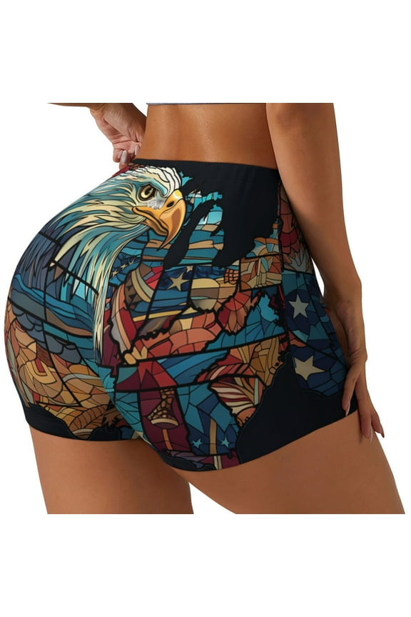 Stained Glass Eagle USA Printed Workout Shorts for Women Seamless Scrunch Butt Lifting High Waisted Yoga Gym Booty Running Moisture-wicking Short Pants-Medium