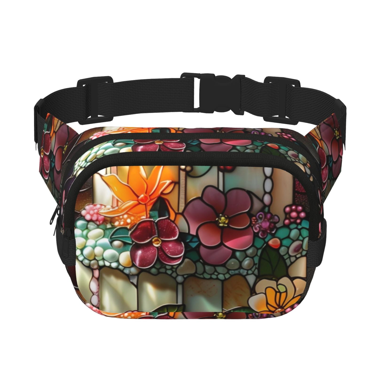Picia Stained Glass Floral Cake Print Square Double-Layer Waist Bag Mini Adjustable Waist Belt Bag Exercise Running Travel Hiking