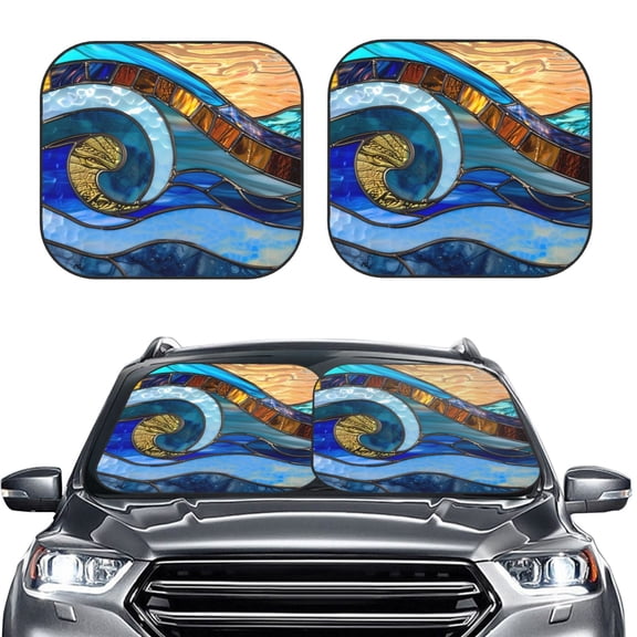 Picia Stained Glass Ocean Wave 2 Piece Car Windshield Sun Shade Foldable | Foldable Sun Shield for Front Window Blocks UV Rays and Keeps Your Vehicle Cool-Small