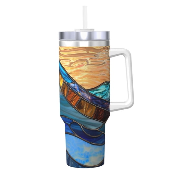 Picia Stained Glass Ocean Wave Pattern 40oz Ice Bully Insulated Tumbler with Handle, Double-Wall Stainless Steel Cup, Leak-Proof Lid and Straw