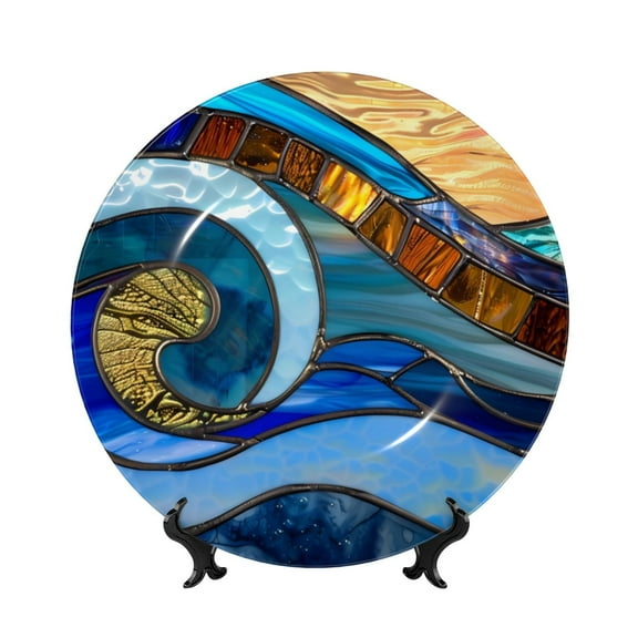 Picia Stained Glass Ocean Wave Pattern Bone China Decorative Plate – Wall Decor with Stand and Adhesive, Elegant Ornament for Living Room, Office, or Entryway-7in