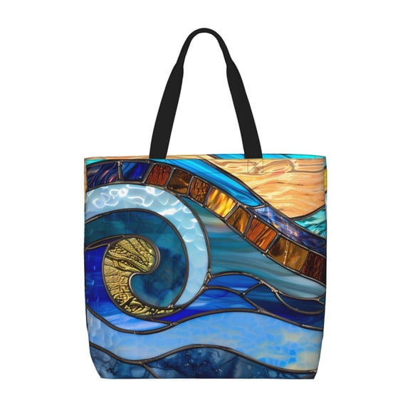 Picia Stained Glass Ocean Wave for Tote Bag for Women with Zipper, Gym Tote with Compartments, Laptop Work Tote Nurse Dance Yoga Bag for Sport, Travel