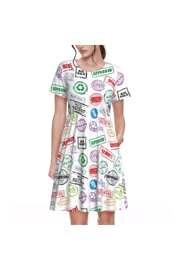 Stamp Set Collection Pattern Women's Short Sleeve Summer Dress Pleated Loose Swing Knee Length Short Sleeve Swing Dresses