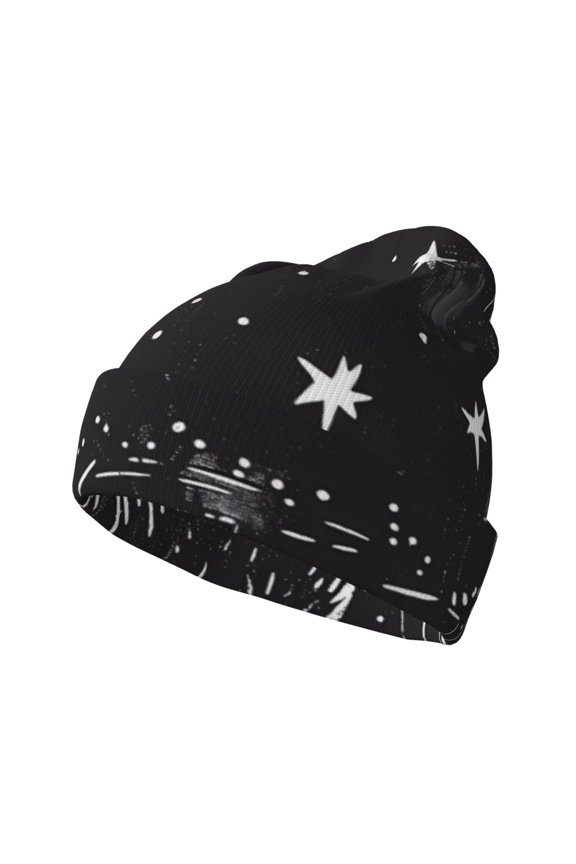 Star Gazing Cat Illustration Pattern Knitted Beanie Hat for Men and Women , Unisex Winter Warm Stretchy Knit Cap Thick Fisherman Beanies Cuffed Plain Skull Caps