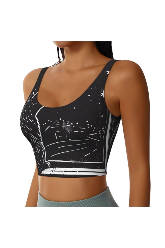 Star Gazing Cat Illustration Sports Bra for Women,Padded Strappy Sports Bras Medium Support Yoga Bra with Removable Cups,Running Yoga Bra-Small