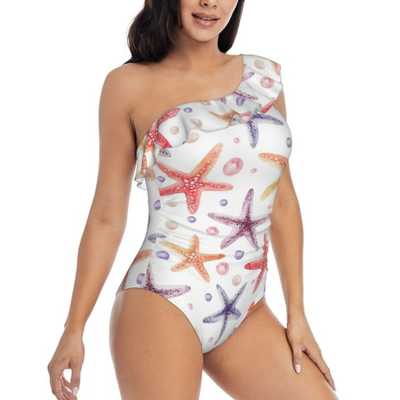 Picia Starfish 1 Pattern Women's One Piece Swimsuits,One Shoulder Swimwear Asymmetric ,Ruffle Monokinis Bathing Suits,High Waisted Flattering Bathing Suits-Small