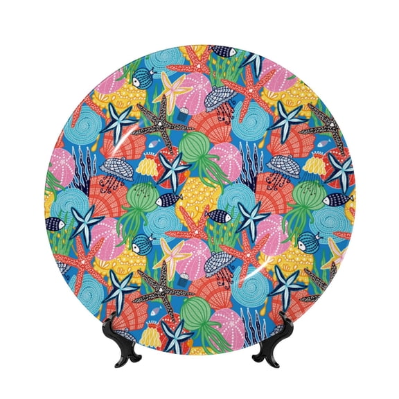Picia Starfish And Algae Pattern Bone China Decorative Plate – Wall Decor with Stand and Adhesive, Elegant Ornament for Living Room, Office, or Entryway-7in