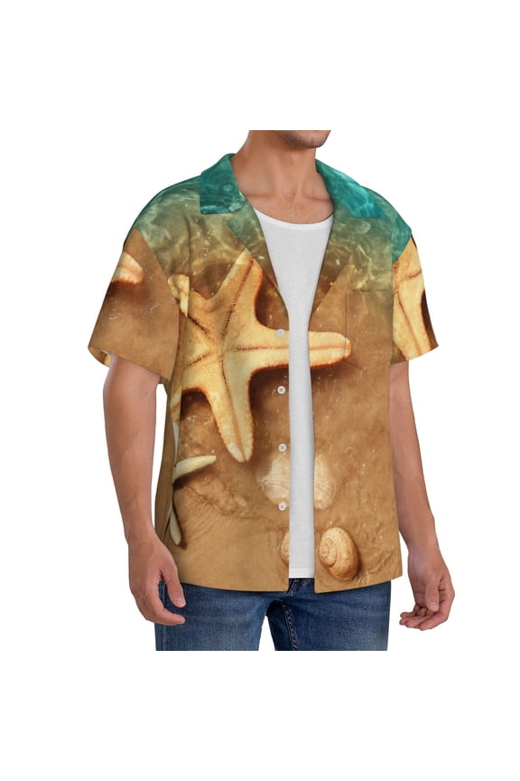 Starfish And Seashell 1 Men's Linen Shirts Short Sleeve Cuban Beach Shirts Casual Shirts Button Down Shirt for Men Beach Summer Wedding Shirt-X-Large