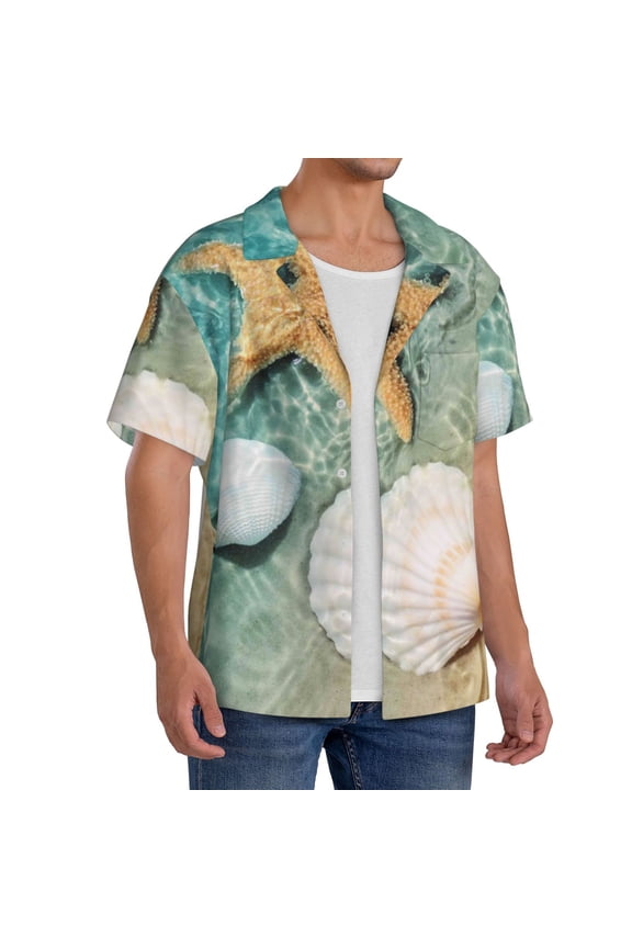 Starfish And Seashell Men's Linen Shirts Short Sleeve Cuban Beach Shirts Casual Shirts Button Down Shirt for Men Beach Summer Wedding Shirt-