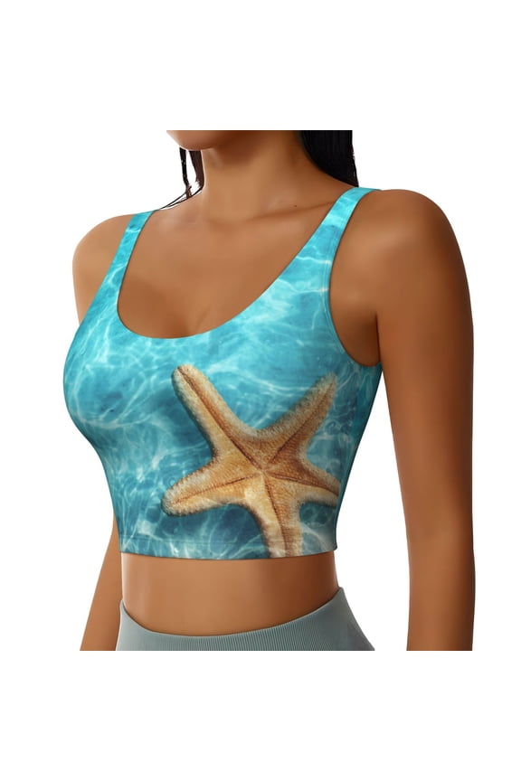Starfish And Seashell On The Beach 1 Sports Bra for Women,Padded Strappy Sports Bras Medium Support Yoga Bra with Removable Cups,Running Yoga Bra-Small