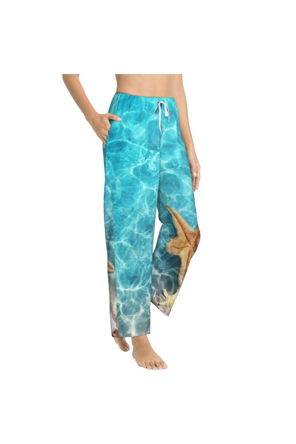 Starfish And Seashell On The Beach 1 Womens Soft Woven Cotton Elastic Waistband Sleep Pajama Pant Lounge Sleep Pant With Pockets And Drawstring-Medium