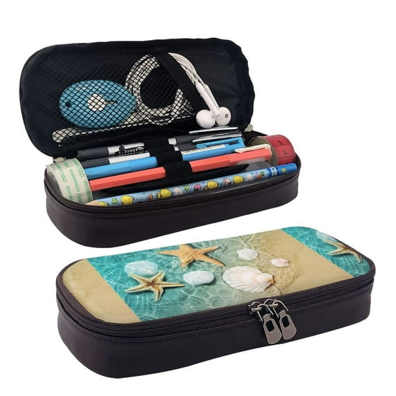 Picia Starfish And Seashell Pattern Large Capacity PU Leather Pencil Case Organizer Pen Marker Holder Double Zipper Storage Bag Big Pencil Pouch for College Office