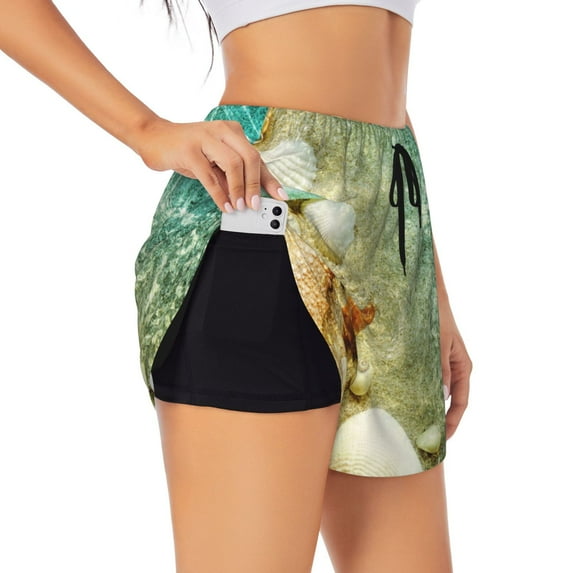 Picia Starfish And Seashell Pattern Women's 2 in 1 Athletic Running Shorts High Waisted Workout Casual Gym Sweat Shorts with Comfy Liner Zipper Pockets-Medium