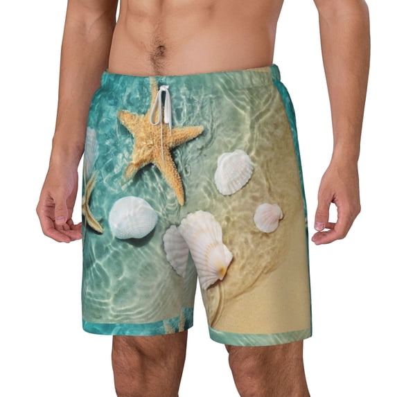 Picia Starfish And Seashell pattern Mens Swim Trunks with Compression Liner Stretch Beach Shorts Quick Dry with Zipper Pockets No-Chafing Board Shorts-Small