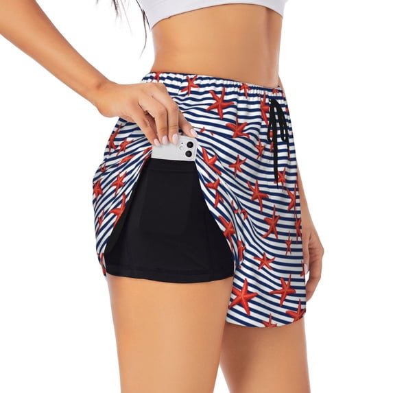 Picia Starfish Navy Blue Stripe Pattern Women's 2 in 1 Athletic Running Shorts High Waisted Workout Casual Gym Sweat Shorts with Comfy Liner Zipper Pockets-Large