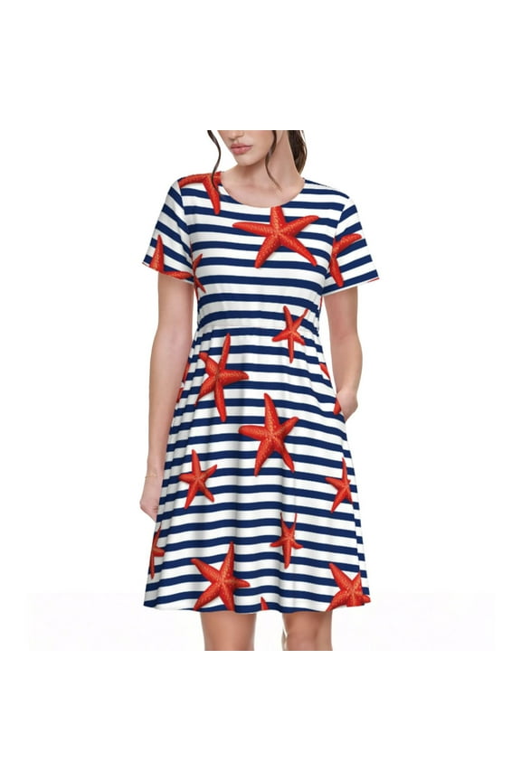 Starfish Navy Blue Stripe Pattern Women's Short Sleeve Summer Dress Pleated Loose Swing Knee Length Short Sleeve Swing Dresses