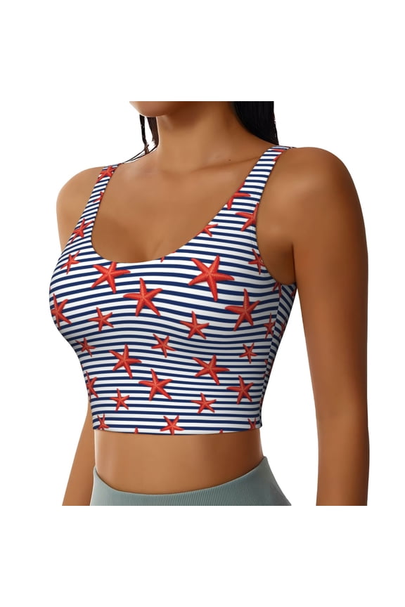 Starfish Navy Blue Stripe Sports Bra for Women,Padded Strappy Sports Bras Medium Support Yoga Bra with Removable Cups,Running Yoga Bra-Medium