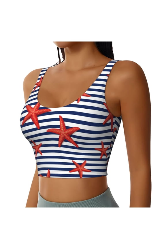 Starfish Navy Blue Stripe Sports Bra for Women,Padded Strappy Sports Bras Medium Support Yoga Bra with Removable Cups,Running Yoga Bra-