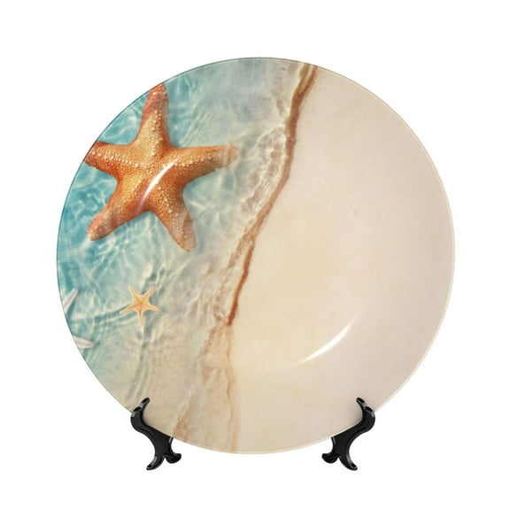 Picia Starfish On The Sand Beach Pattern Bone China Decorative Plate – Wall Decor with Stand and Adhesive, Elegant Ornament for Living Room, Office, or Entryway-8in