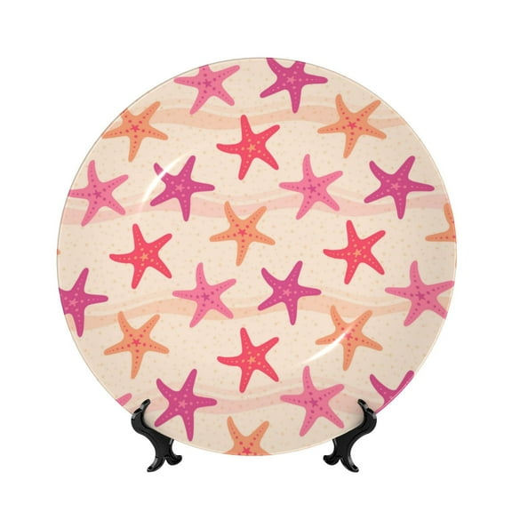 Picia Starfish Pattern Bone China Decorative Plate – Wall Decor with Stand and Adhesive, Elegant Ornament for Living Room, Office, or Entryway-8in