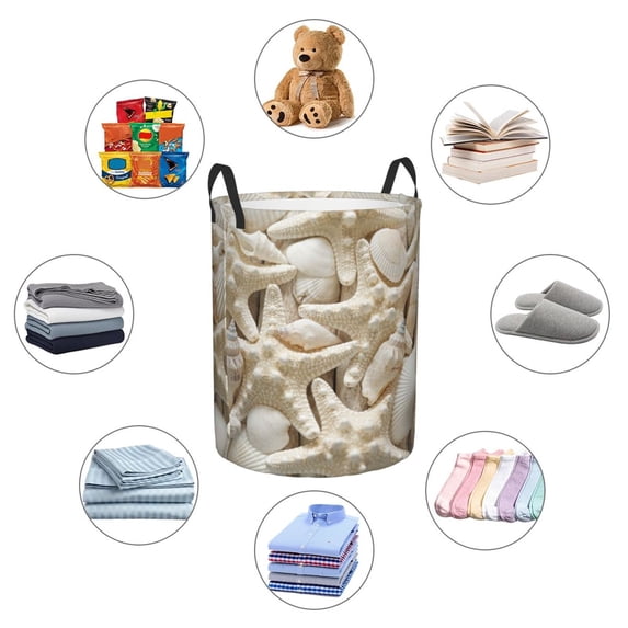 Picia Starfish and Sea Shells Large Laundry Basket, Waterproof, Freestanding Laundry Hamper, Collapsible Tall Clothes Hamper with Extended Handles-Medium