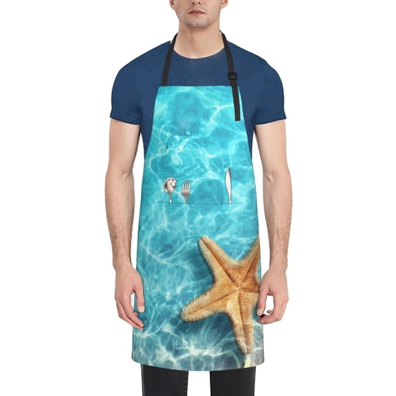 Picia Starfish And Seashell On The Beach 1 Waterproof Apron for Unisex Adult - Adjustable Bib Apron with Pockets, Ideal for Cooking, Gardening, Painting, and Household Chores