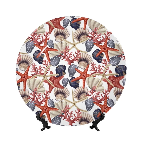 Picia Starfish Shell Pattern Bone China Decorative Plate – Wall Decor with Stand and Adhesive, Elegant Ornament for Living Room, Office, or Entryway-7in
