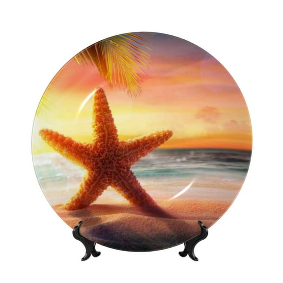 Picia Starfish Sunset Sea Beach Pattern Bone China Decorative Plate – Wall Decor with Stand and Adhesive, Elegant Ornament for Living Room, Office, or Entryway-8in