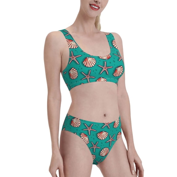 Picia Starfish and Shell Women's High Waisted Bikini Scoop Neck Swimsuit Two Pieces Bathing Suit-Large