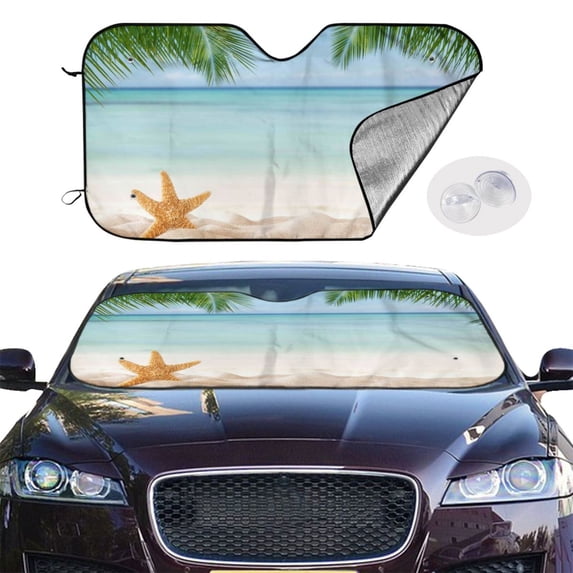 Picia Starfish in Beach Curved Windshield Sunshade Accordion Folding Style Auto Shade for Car Truck SUV Van Blocks UV Ray Sun Visor Protector -Medium