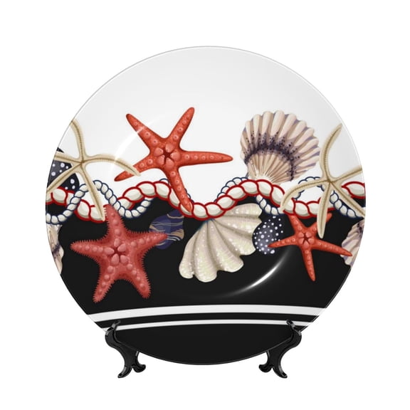 Picia Starfishes Shells Pattern Bone China Decorative Plate – Wall Decor with Stand and Adhesive, Elegant Ornament for Living Room, Office, or Entryway-8in