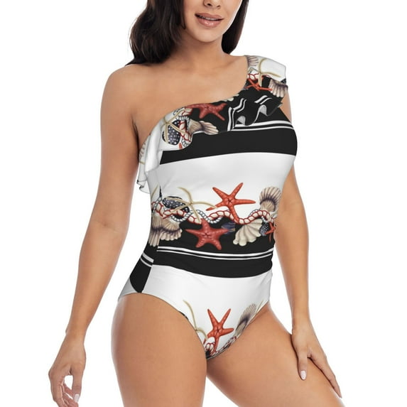 Picia Starfishes Shells Pattern Women's One Piece Swimsuits,One Shoulder Swimwear Asymmetric ,Ruffle Monokinis Bathing Suits,High Waisted Flattering Bathing Suits-Small