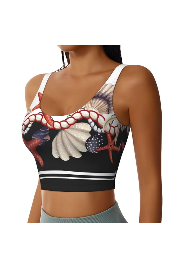 Starfishes Shells Sports Bra for Women,Padded Strappy Sports Bras Medium Support Yoga Bra with Removable Cups,Running Yoga Bra-Medium