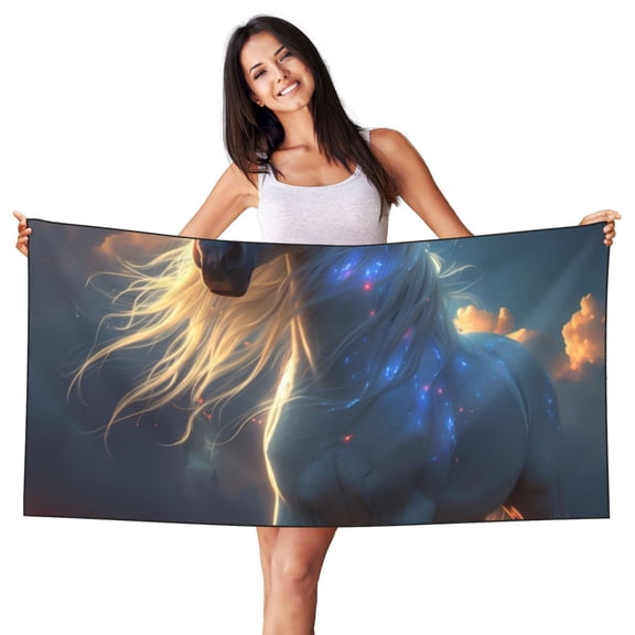 Picia Starry Light White Horse Print Silver Fox Velvet Beach Towel,Quick-Dry Beach Towel,Lightweight Travel Towel,Portable Beach Towels