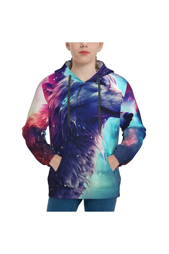 Starry Multicolored Wolf Pattern Youth Hoodie - Warm Pullover Sweatshirt with Kangaroo Pocket, Ideal for Boys and Girls-Small