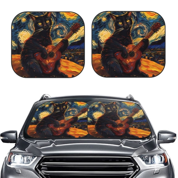 Picia Starry Night Cat Guitarist 2 Piece Car Windshield Sun Shade Foldable | Foldable Sun Shield for Front Window Blocks UV Rays and Keeps Your Vehicle Cool-Medium