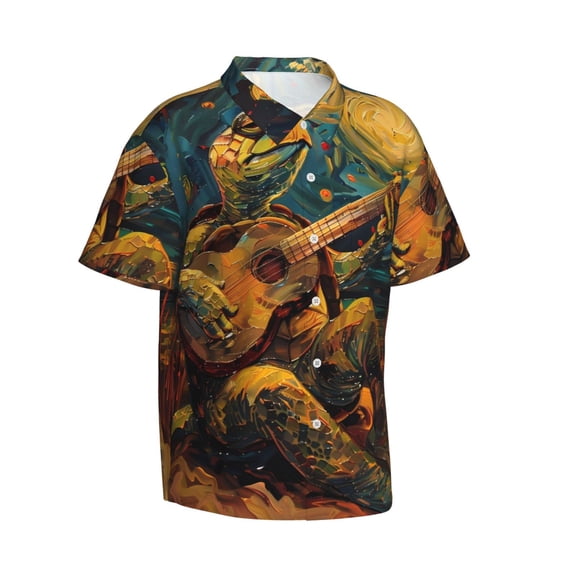 Picia Starry Night Guitar Turtle Gentle Cotton Regular Fit Short Sleeve Casual Hawaiian Shirt for Men-XX-Large