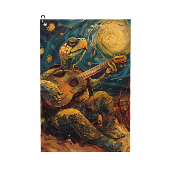 Picia Starry Night Guitar Turtle Microfiber Golf Towel (24" X 16") with Carabiner Clip, Waffle Pattern Hook - Golf Accessories and Gifts, Father's Day, Christmas, Birthday Gift