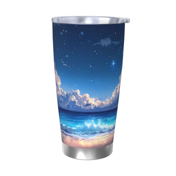 Picia Starry Night Ocean View Pattern 20 oz Tumbler Stainless Steel Vacuum Insulated Coffee Ice Cup Double Wall Travel Flask Dual Lid Water Bottle, Eco-friendly Car Cup-Without Straw