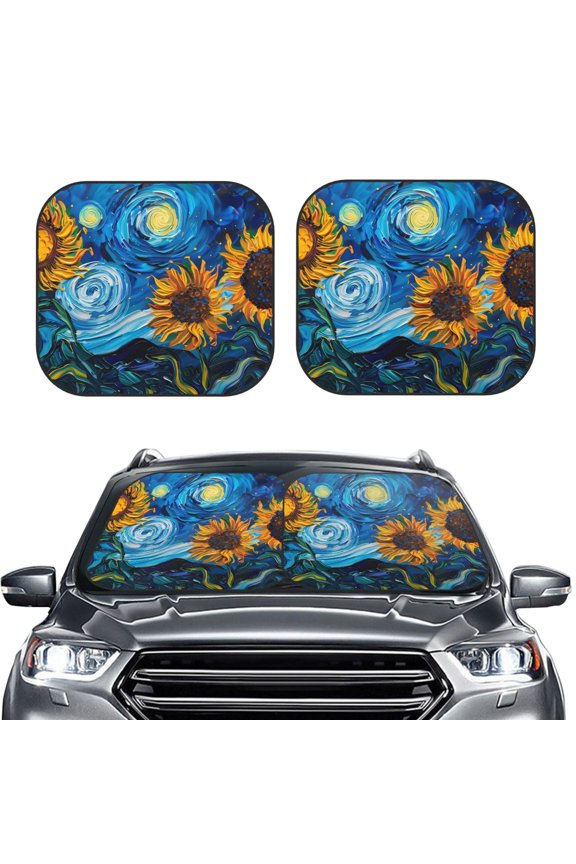 Starry Night Sunflower Field 2 Piece Car Windshield Sun Shade Foldable | Foldable Sun Shield for Front Window Blocks UV Rays and Keeps Your Vehicle Cool-Small