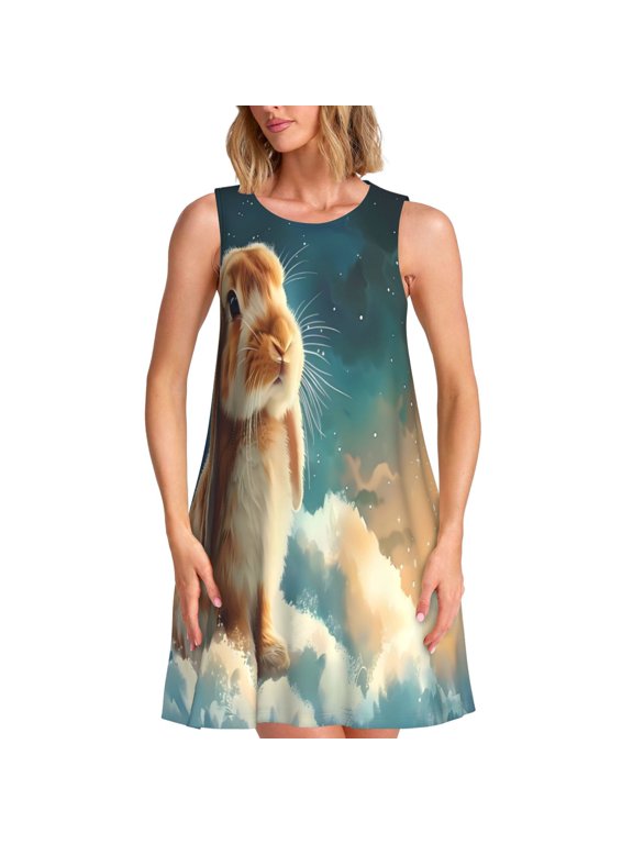 Starry Sky Cloud Cute Rabbit Print Women’s Sleeveless Midi Swing Dress – A-Line Pleated Tank Sundress, Comfortable and Flowy T-Shirt Dress