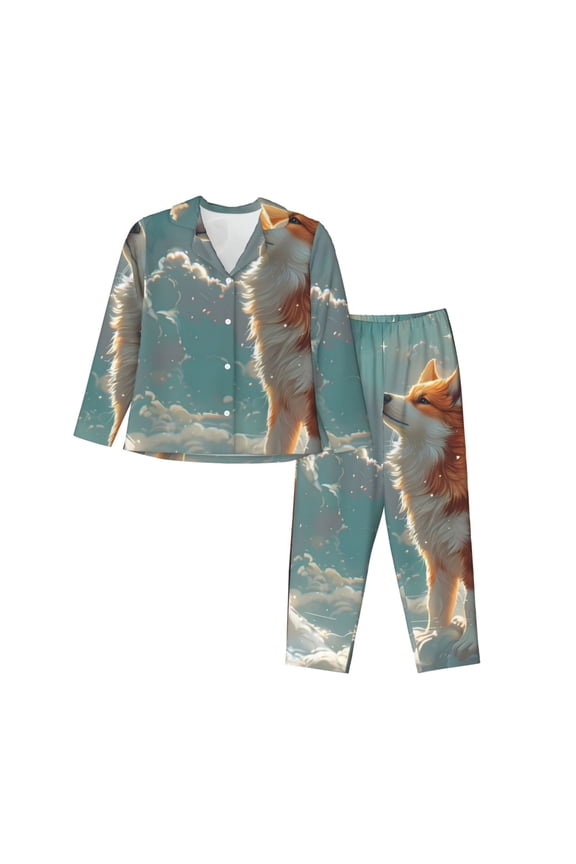 Starry Sky Cloud Fox Pattern Women’s Long-Sleeve Sleepwear Set - Soft 2-Piece Loungewear with Pockets, Comfy PJs for Relaxing Nights-Large