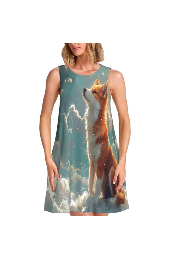Starry Sky Cloud Fox Print Women’s Sleeveless Midi Swing Dress – A-Line Pleated Tank Sundress, Comfortable and Flowy T-Shirt Dress