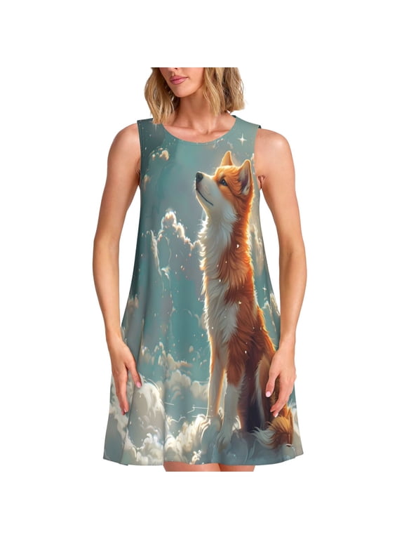 Starry Sky Cloud Fox Print Women’s Sleeveless Midi Swing Dress – A-Line Pleated Tank Sundress, Comfortable and Flowy T-Shirt Dress