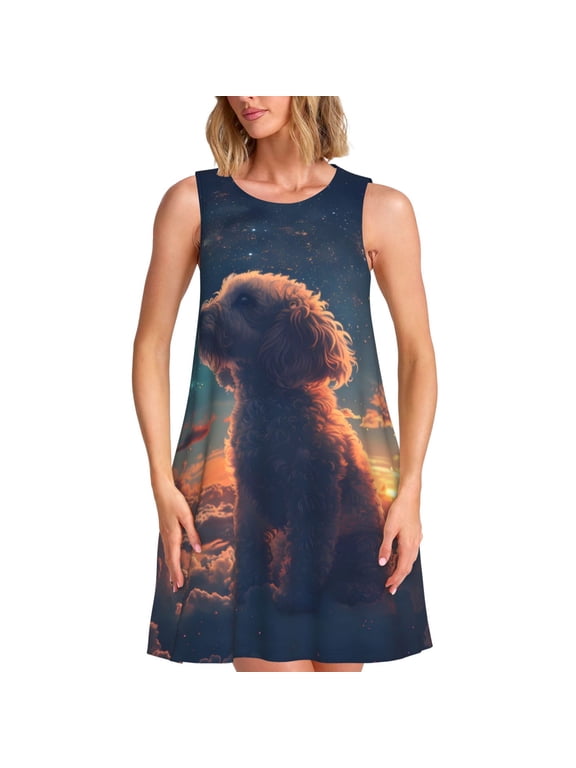 Starry Sky Cloud Puppy Print Women’s Sleeveless Midi Swing Dress – A-Line Pleated Tank Sundress, Comfortable and Flowy T-Shirt Dress