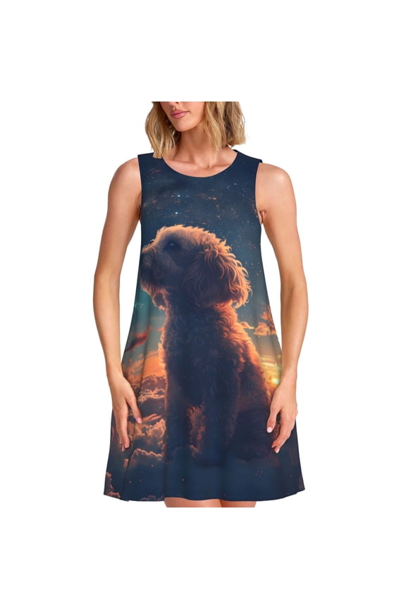 Starry Sky Cloud Puppy Print Women’s Sleeveless Midi Swing Dress – A-Line Pleated Tank Sundress, Comfortable and Flowy T-Shirt Dress