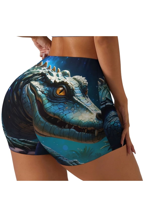 Starry Sky Colorful Crocodile A Printed Workout Shorts for Women Seamless Scrunch Butt Lifting High Waisted Yoga Gym Booty Running Moisture-wicking Short Pants-Large