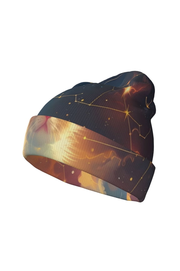 Starry Sky Constellation Cat Pattern Knitted Beanie Hat for Men and Women , Unisex Winter Warm Stretchy Knit Cap Thick Fisherman Beanies Cuffed Plain Skull Caps