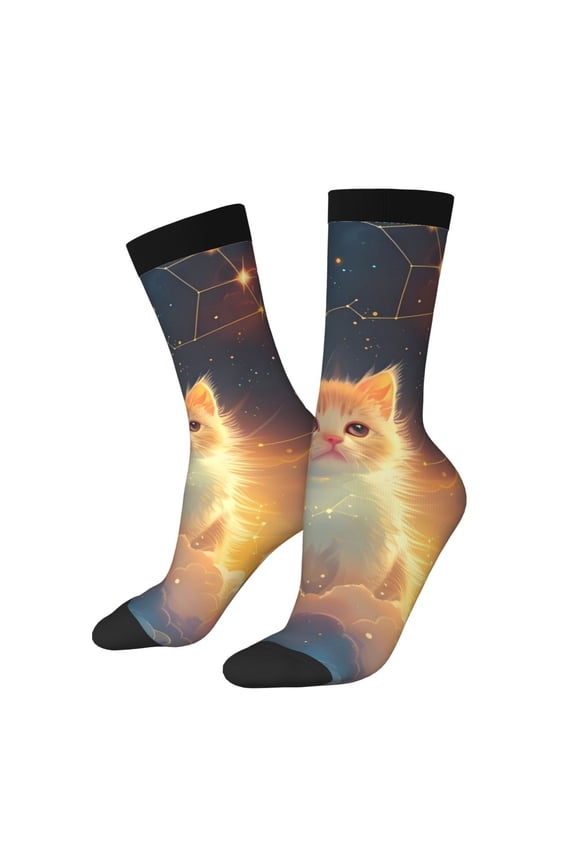 Starry Sky Constellation Cat Print Athletic Socks for Men & Women – Cushioned Moisture-Wicking Crew Socks for Sports, Running, and Training, Soft & Breathable Size 5-11